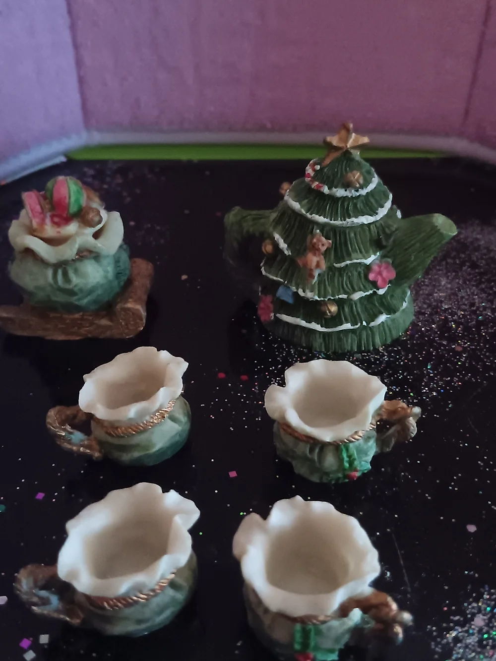 Vintage Mini Tea Set Holiday Tree Design - Green
